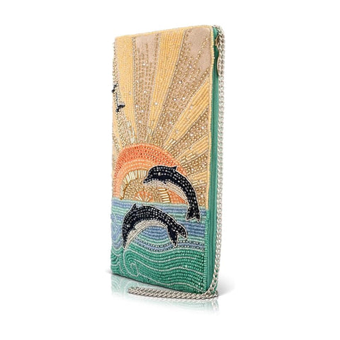 Mary Frances Flip For Joy Phone Bag Dolphins Sun Zip Handbag Gold Aqua Purse NEW