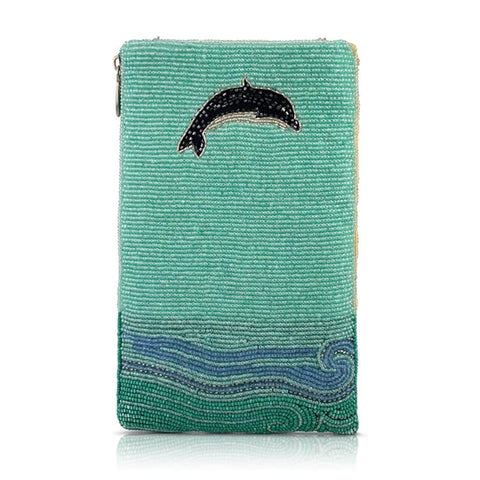 Mary Frances Flip For Joy Phone Bag Dolphins Sun Zip Handbag Gold Aqua Purse NEW