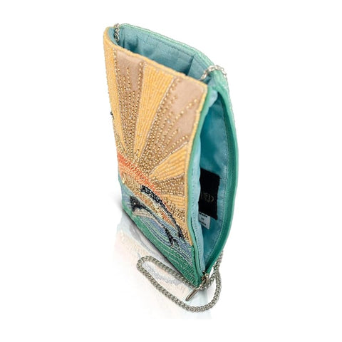 Mary Frances Flip For Joy Phone Bag Dolphins Sun Zip Handbag Gold Aqua Purse NEW