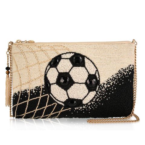Mary Frances Goal Beaded Soccer Crossbody Handbag Zip Bag Beige Black Purse NEW
