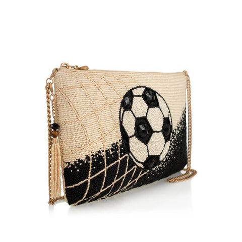 Mary Frances Goal Beaded Soccer Crossbody Handbag Zip Bag Beige Black Purse NEW