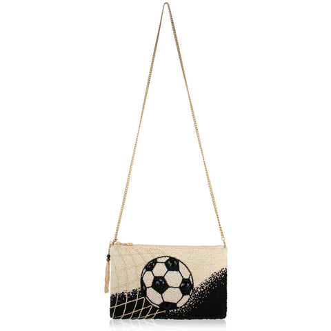 Mary Frances Goal Beaded Soccer Crossbody Handbag Zip Bag Beige Black Purse NEW