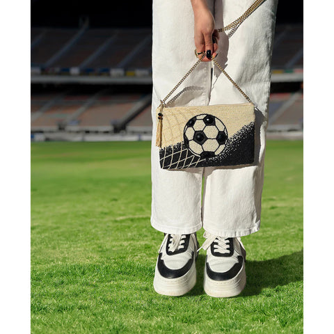 Mary Frances Goal Beaded Soccer Crossbody Handbag Zip Bag Beige Black Purse NEW