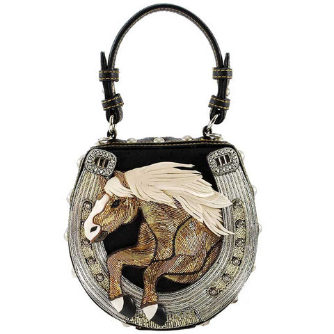 Mary Frances Mane Stay Embellish Horse Bag Beaded Handbag Black Silver Purse NEW