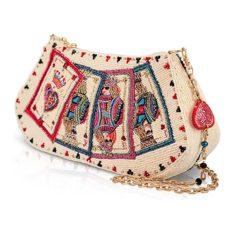 Mary Frances Shuffle Cards Crossbody Handbag Beaded Zip Bag Red Beige Purse NEW