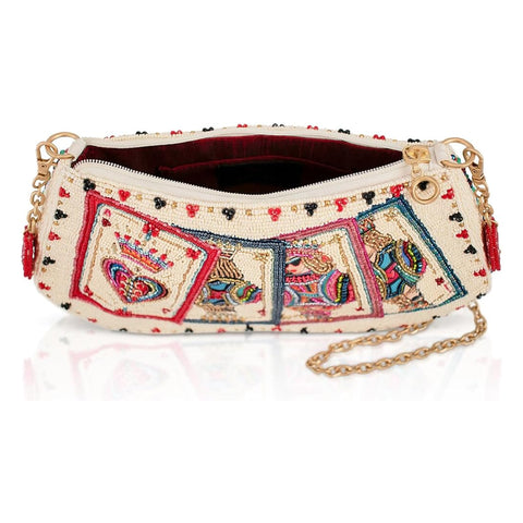 Mary Frances Shuffle Cards Crossbody Handbag Beaded Zip Bag Red Beige Purse NEW