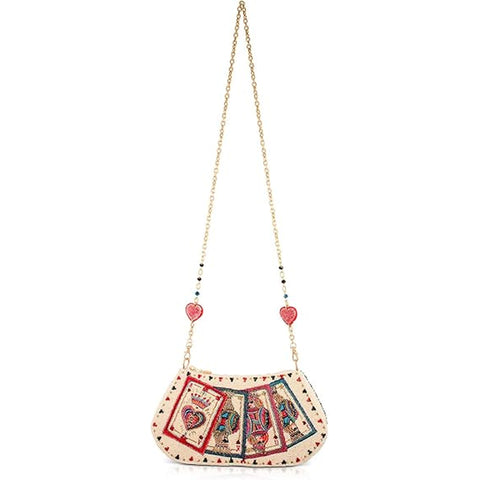 Mary Frances Shuffle Cards Crossbody Handbag Beaded Zip Bag Red Beige Purse NEW