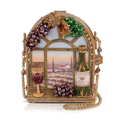 Mary Frances Wine Country Crossbody Handbag Bottle Glass Party Bag Gold Purse NEW