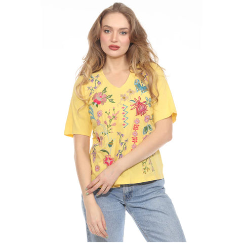 Johnny Was Maureen Trapunto 3/4 Tee Shirt Floral Embroidered Top Scuba Blue NEW