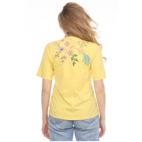 Johnny Was Maureen Trapunto 3/4 Tee Shirt Floral Embroidery Top Citron Yellow NEW