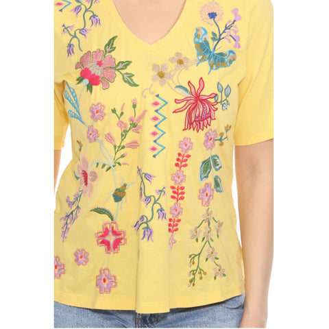Johnny Was Maureen Trapunto 3/4 Tee Shirt Floral Embroidery Top Citron Yellow NEW