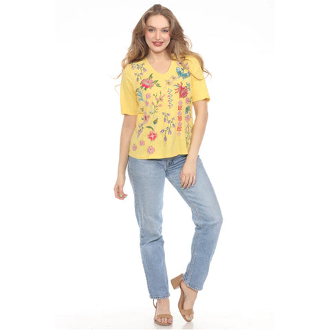 Johnny Was Maureen Trapunto 3/4 Tee Shirt Floral Embroidery Top Citron Yellow NEW