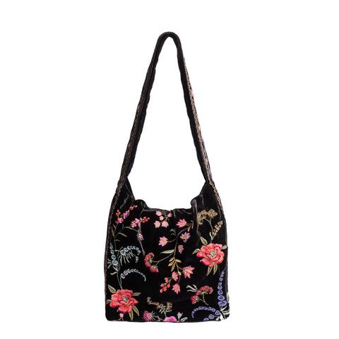 Johnny Was Mayra Velvet Wide Strap Tote Bag Floral Embroidery Black Handbag NEW