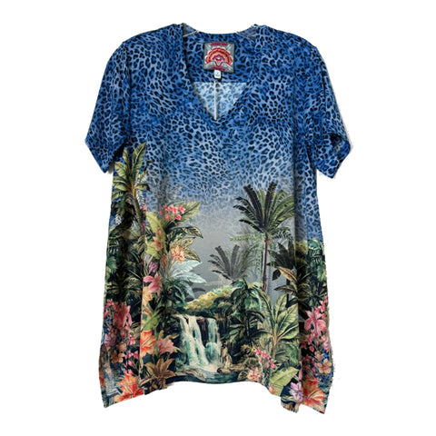 Johnny Was Janie Favorite Meghan Short Drape Tee Floral Shirt Blue Green Top NEW