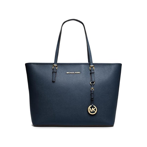 Michael Kors Jet Set Travel Shoulder Handbag Leather Zip Tote Bag Navy Purse NEW