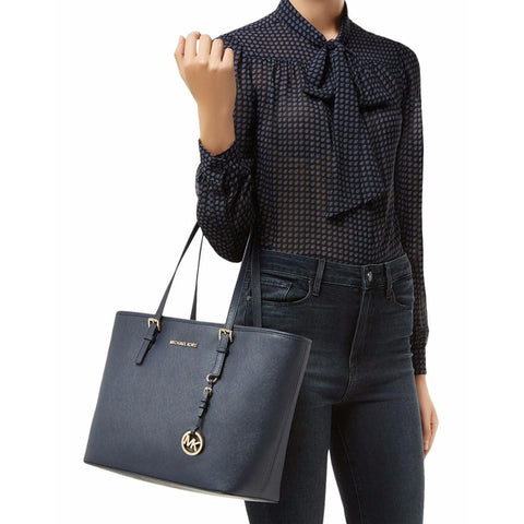 Michael Kors Jet Set Travel Shoulder Handbag Leather Zip Tote Bag Navy Purse NEW
