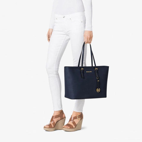 Michael Kors Jet Set Travel Shoulder Handbag Leather Zip Tote Bag Navy Purse NEW