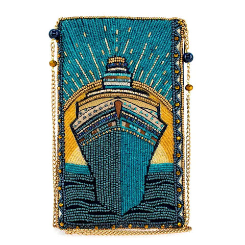 Mary Frances Midnight Cruise Beaded Ship Phone Bag Blue Gold Handbag Purse NEW