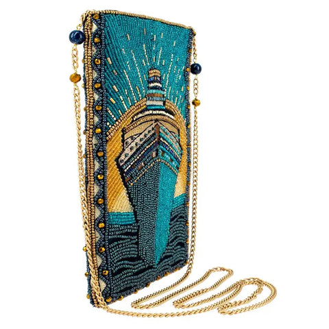Mary Frances Midnight Cruise Beaded Ship Phone Bag Blue Gold Handbag Purse NEW