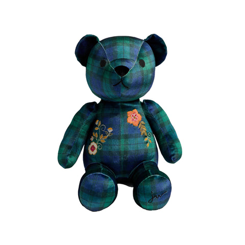 Johnny Was Mingo Plaid Embroidered Velvet Bear Stuffed Animals Blue Green NEW