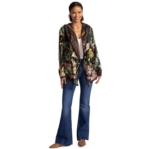 Johnny Was Joan Cozy Sherpa Jacket Monarch Hood Reversible Floral Black Green NEW