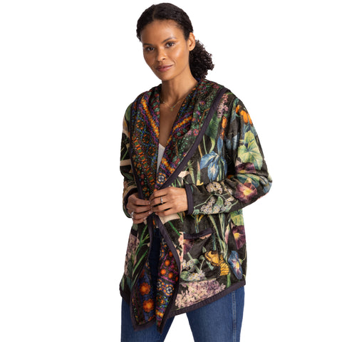 Johnny Was Joan Cozy Sherpa Jacket Monarch Hood Reversible Floral Black Green NEW