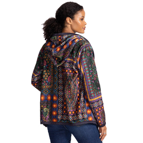 Johnny Was Joan Cozy Sherpa Jacket Monarch Hood Reversible Floral Black Green NEW