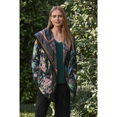 Johnny Was Joan Cozy Sherpa Jacket Monarch Hood Reversible Floral Black Green NEW