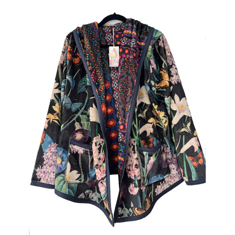 Johnny Was Joan Cozy Sherpa Jacket Monarch Hood Reversible Floral Black Green NEW