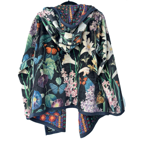 Johnny Was Joan Cozy Sherpa Jacket Monarch Hood Reversible Floral Black Green NEW