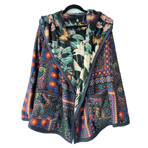 Johnny Was Joan Cozy Sherpa Jacket Monarch Hood Reversible Floral Black Green NEW