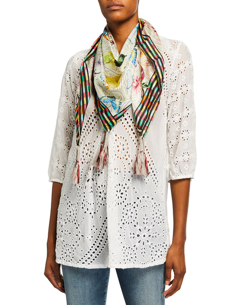 Johnny Was Mitchie Butterfly Silk Scarf Square Large Floral Tassels White NEW