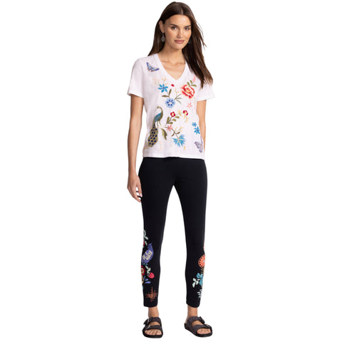 Johnny Was Nicolette V Neck Short Sleeve Tee Cotton Shirt Floral Embroidery Top White NEW