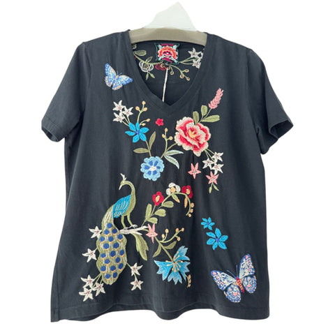 Johnny Was Nicolette V Neck Short Sleeve Tee Cotton Shirt Floral Embroidery Top White NEW