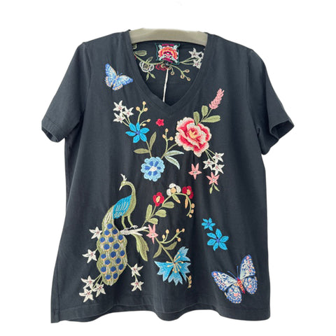 Johnny Was Nicolette V Neck Short Sleeve Tee Cotton Shirt Floral Embroidery Top Black NEW
