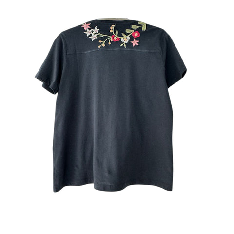 Johnny Was Nicolette V Neck Short Sleeve Tee Cotton Shirt Floral Embroidery Top Black NEW