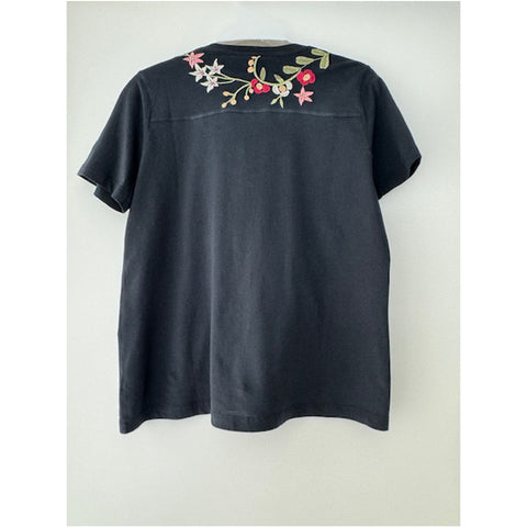 Johnny Was Nicolette V Neck Short Sleeve Tee Cotton Shirt Floral Embroidery Top Black NEW
