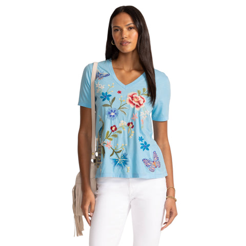 Johnny Was Nicolette V Neck Short Sleeve Ethereal Blue Tee Cotton Shirt Floral Embroidery Top NEW