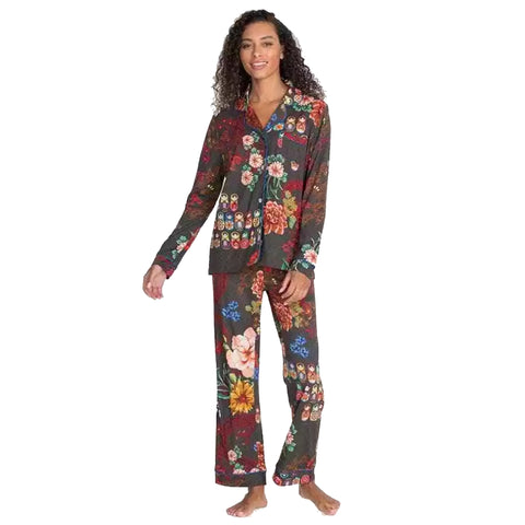Johnny Was Nushka Black Sleepwear 2 Piece Pj Set Home Lounge Night Flower Red NEW