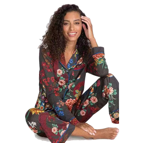 Johnny Was Nushka Black Sleepwear 2 Piece Pj Set Home Lounge Night Flower Red NEW