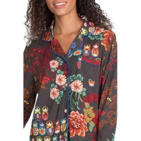 Johnny Was Nushka Black Sleepwear 2 Piece Pj Set Home Lounge Night Flower Red NEW