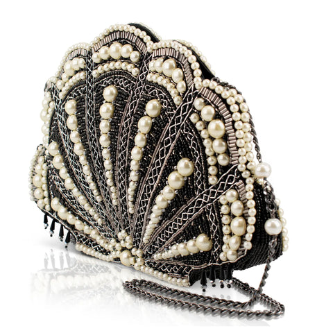 Mary Frances Ocean of Pearls Shell Crossbody Handbag Black Silver Bag Purse NEW