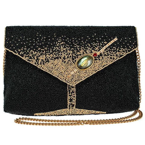 Mary Frances Olive You Beaded Martini Glass Crossbody Bag Handbag Black Gold Purse NEW