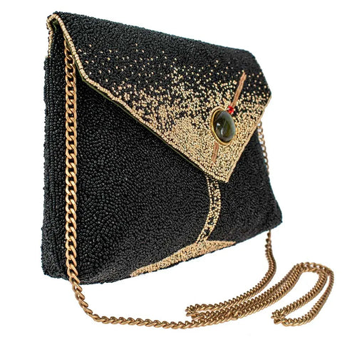 Mary Frances Olive You Beaded Martini Glass Crossbody Bag Handbag Black Gold Purse NEW