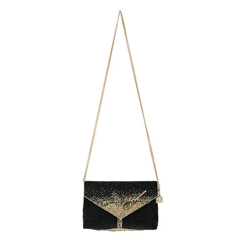 Mary Frances Olive You Beaded Martini Glass Crossbody Bag Handbag Black Gold Purse NEW