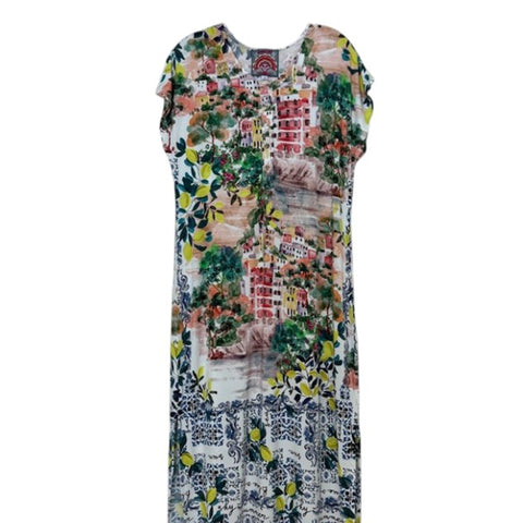 Johnny Was Janie Favorite Olympe Maxi Henley Dress Short Floral Beige Green NEW