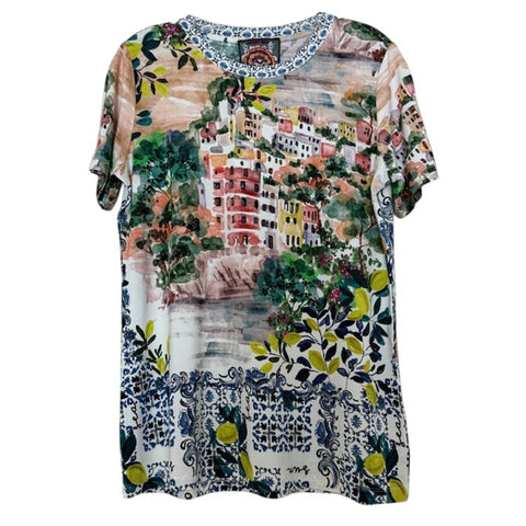 Johnny Was Janie Favorite Olympe Short Crew Tee Floral Shirt Beige Green Top NEW