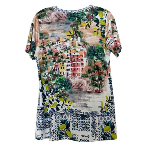 Johnny Was Janie Favorite Olympe Short Crew Tee Floral Shirt Beige Green Top NEW