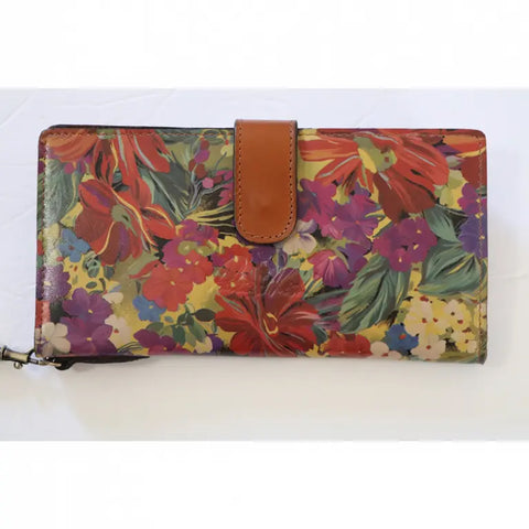 Patricia Nash Citrus Sunrise Leather Valentia Wallet Floral Brown Wristlet NEW