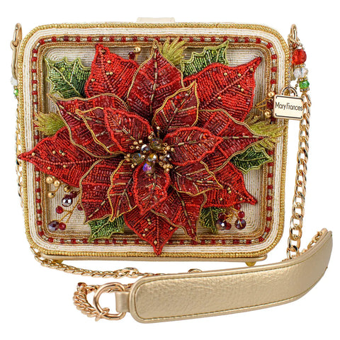 Mary Frances Poinsettia 3D Red Gold Beaded Handbag Floral Crossbody Bag Purse NEW